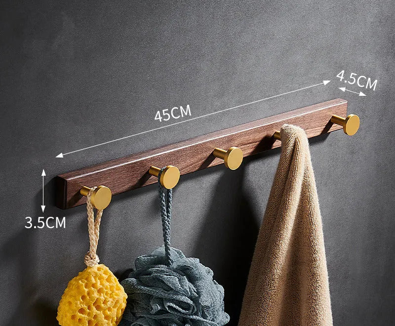 Black walnut bathroom clothes hooks with aluminium backing in multiple hook configurations