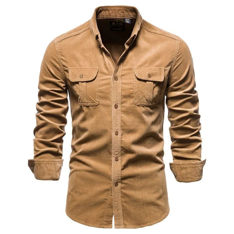 Men's long sleeve linen button-up shirt in denim blue, shown with Asian and international size options.