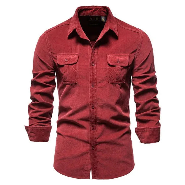Men's long sleeve linen button-up shirt in denim blue, shown with Asian and international size options.