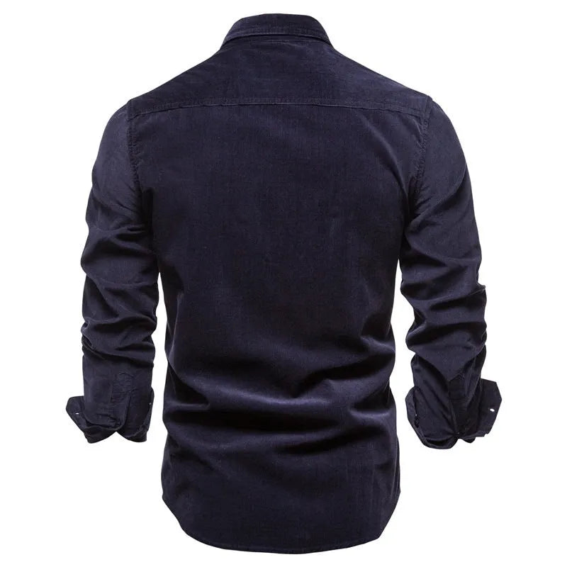 Men's long sleeve linen button-up shirt in denim blue, shown with Asian and international size options.