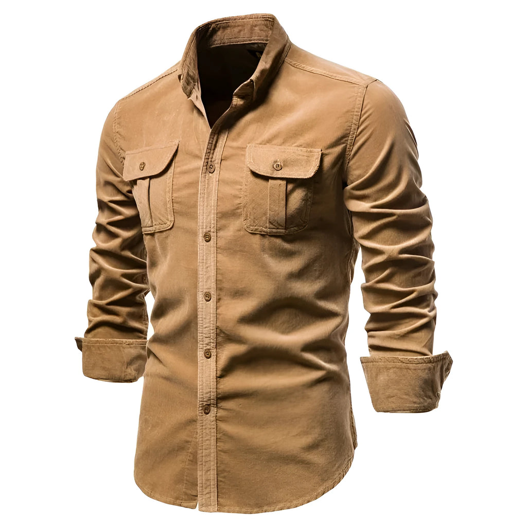 Men's long sleeve linen button-up shirt in denim blue, shown with Asian and international size options.