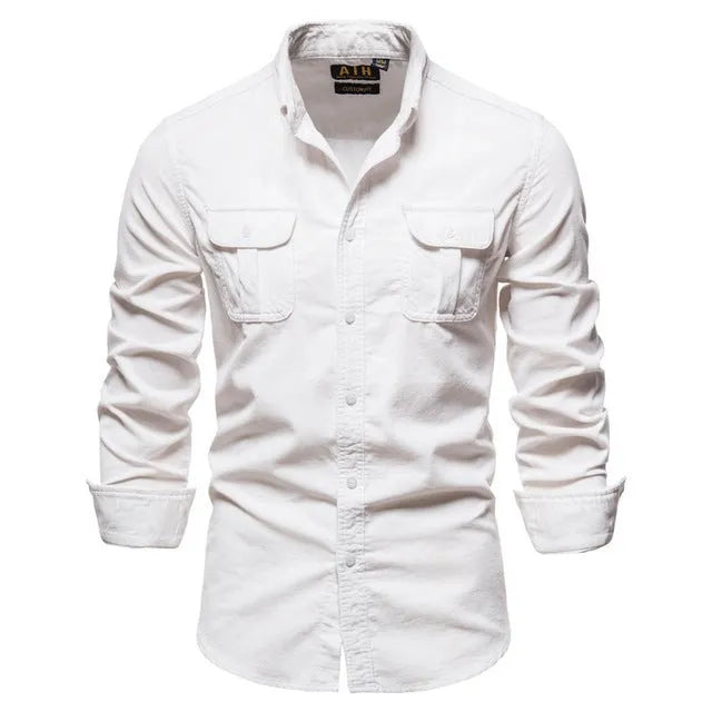 Men's long sleeve linen button-up shirt in denim blue, shown with Asian and international size options.