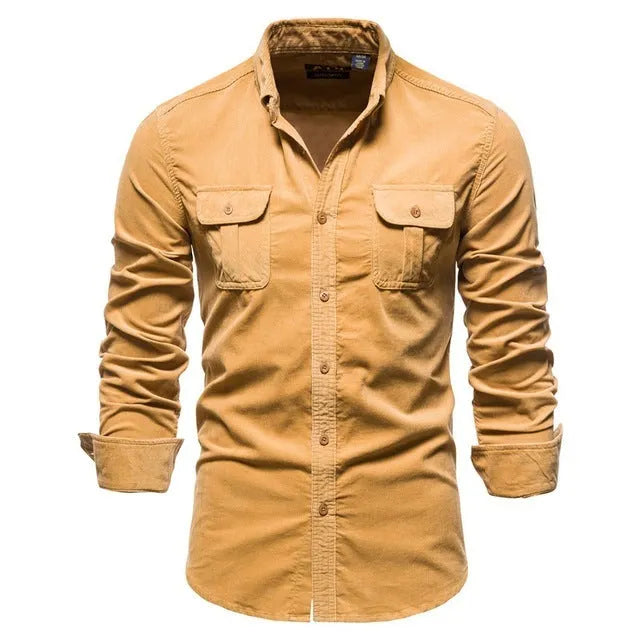 Men's long sleeve linen button-up shirt in denim blue, shown with Asian and international size options.