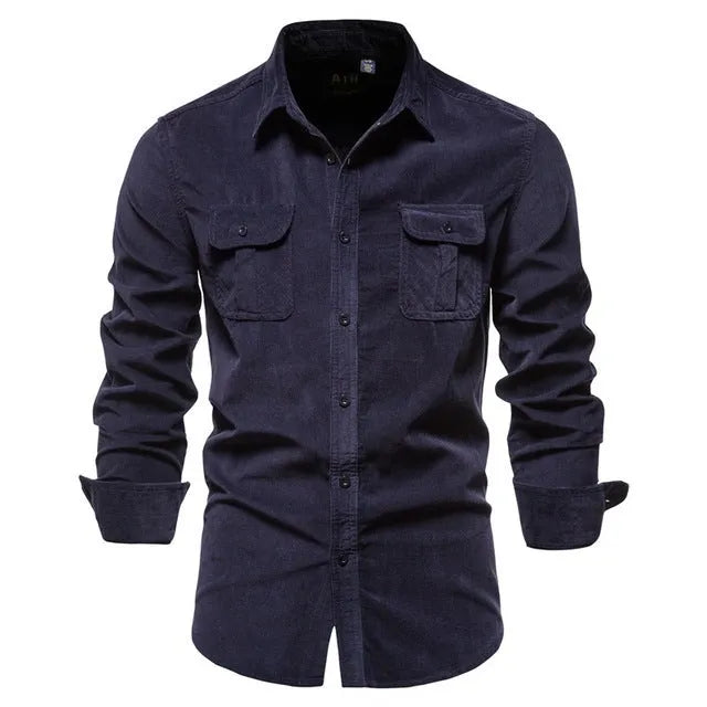 Men's long sleeve linen button-up shirt in denim blue, shown with Asian and international size options.