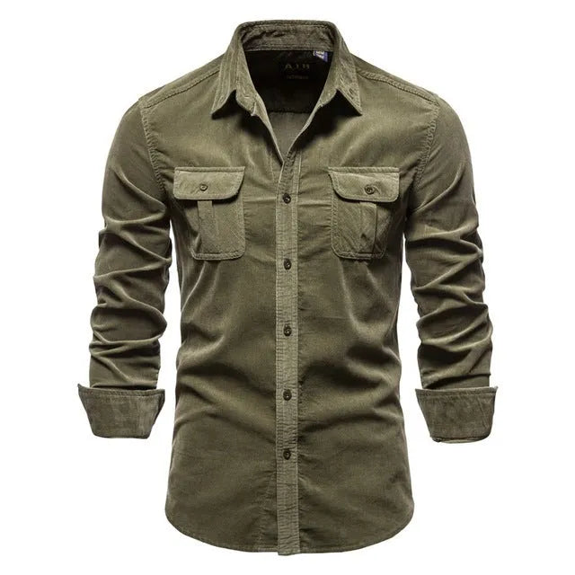 Men's long sleeve linen button-up shirt in denim blue, shown with Asian and international size options.