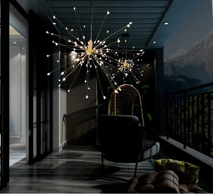 Solar LED meteor shower light with remote control showing warm white starry explosion effect