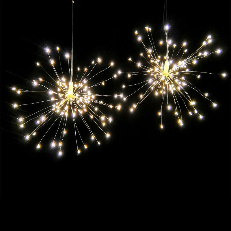 Solar LED meteor shower light with remote control showing warm white starry explosion effect