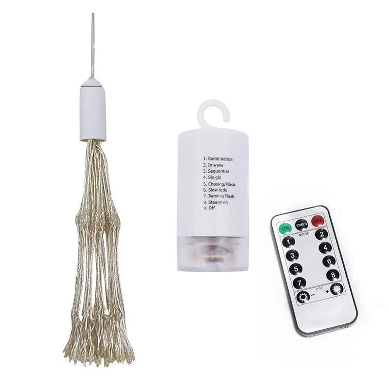 Solar LED meteor shower light with remote control showing warm white starry explosion effect