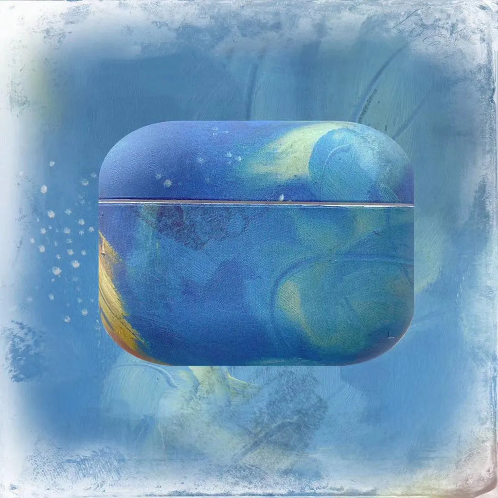 Hard plastic protective sleeve for Apple AirPods case in a blue watercolour design.