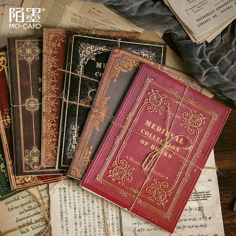 Middle Ancient Book Collection notebook with distressed paper pages, showing one of five vintage-style covers.