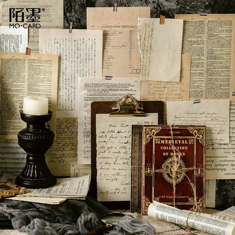 Middle Ancient Book Collection notebook with distressed paper pages, showing one of five vintage-style covers.