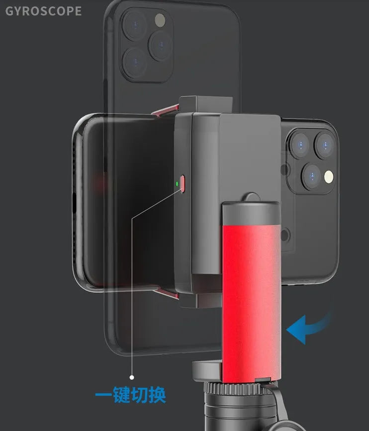 Black aluminium iPhone tripod with extended legs and phone clamp, showing integrated video balance stabiliser unit