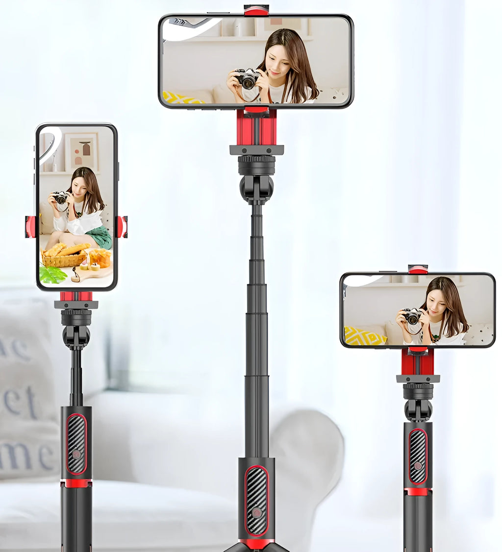 Black aluminium iPhone tripod with extended legs and phone clamp, showing integrated video balance stabiliser unit