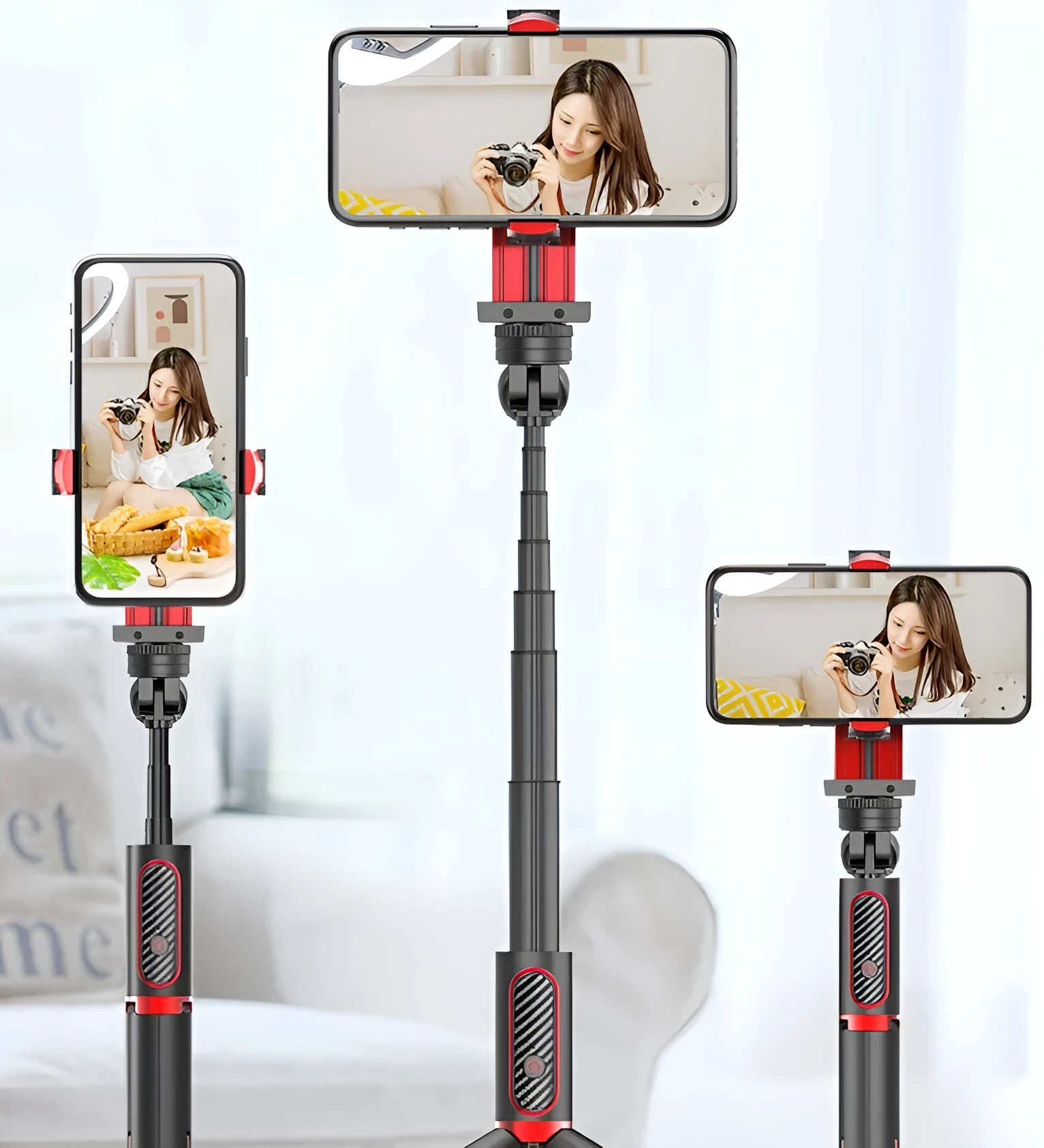 Black aluminium iPhone tripod with extended legs and phone clamp, showing integrated video balance stabiliser unit
