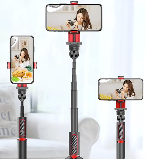 Black aluminium iPhone tripod with extended legs and phone clamp, showing integrated video balance stabiliser unit