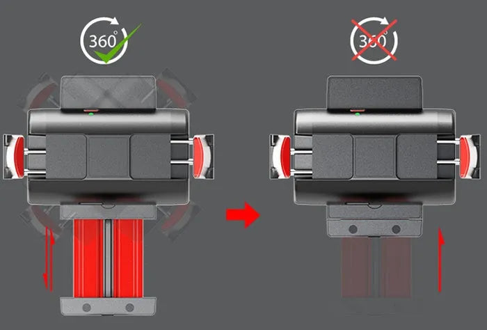 Black aluminium iPhone tripod with extended legs and phone clamp, showing integrated video balance stabiliser unit