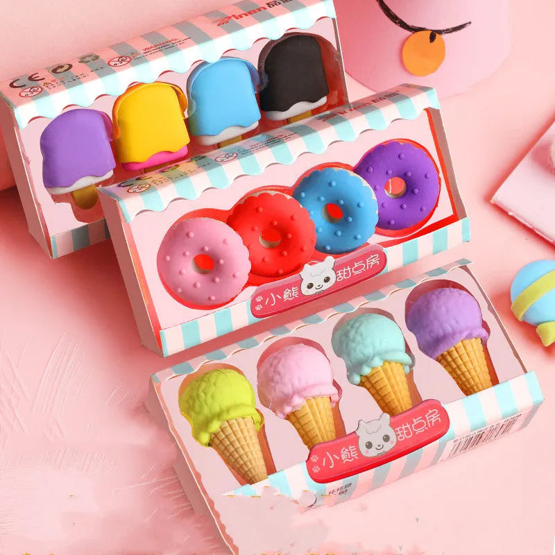 Cartoon food erasers set with cone, ice cream, donut, and lollipop shapes for kindergarten children