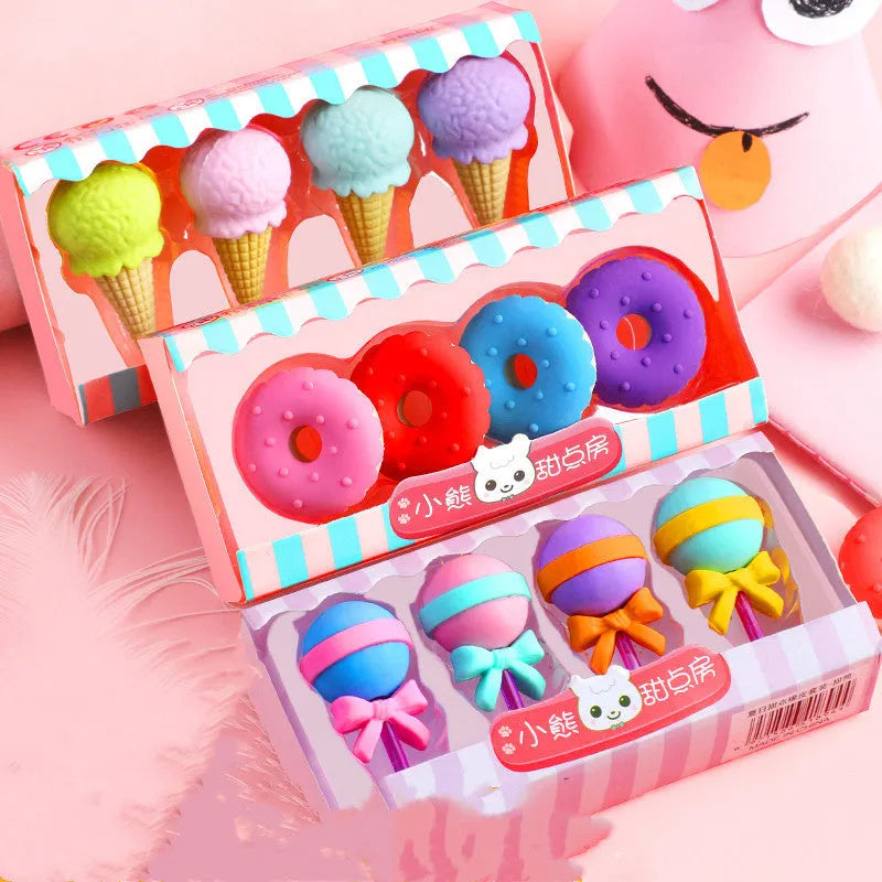 Cartoon food erasers set with cone, ice cream, donut, and lollipop shapes for kindergarten children