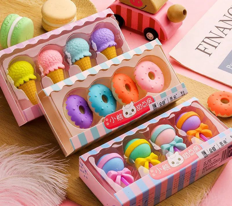 Cartoon food erasers set with cone, ice cream, donut, and lollipop shapes for kindergarten children