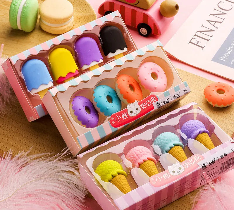 Cartoon food erasers set with cone, ice cream, donut, and lollipop shapes for kindergarten children