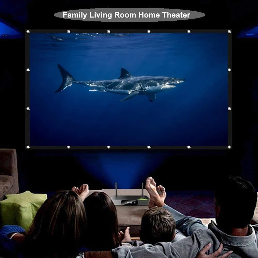 White 150-inch soft folding projection screen laid out flat, showing its large 4:3 format surface.
