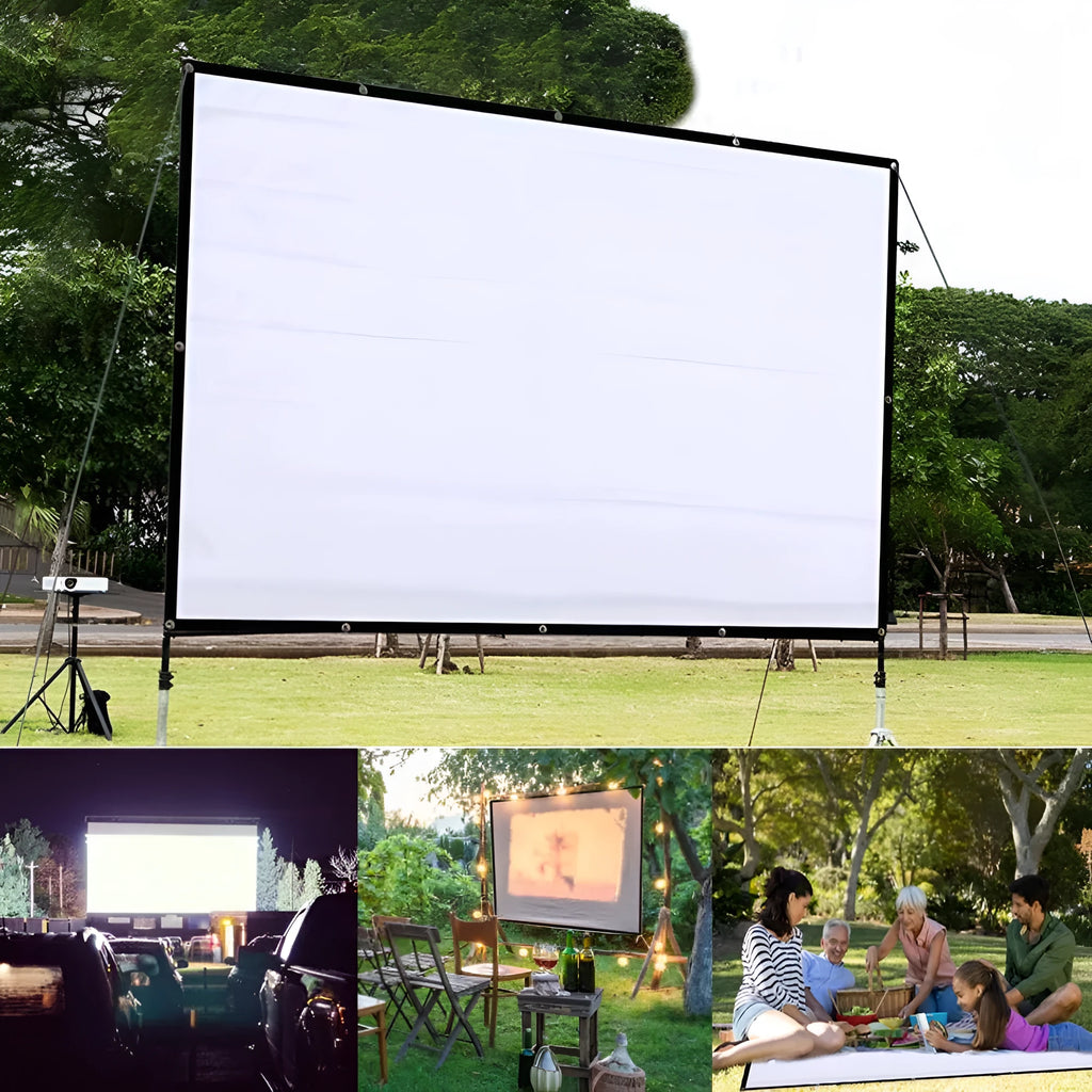 White 150-inch soft folding projection screen laid out flat, showing its large 4:3 format surface.