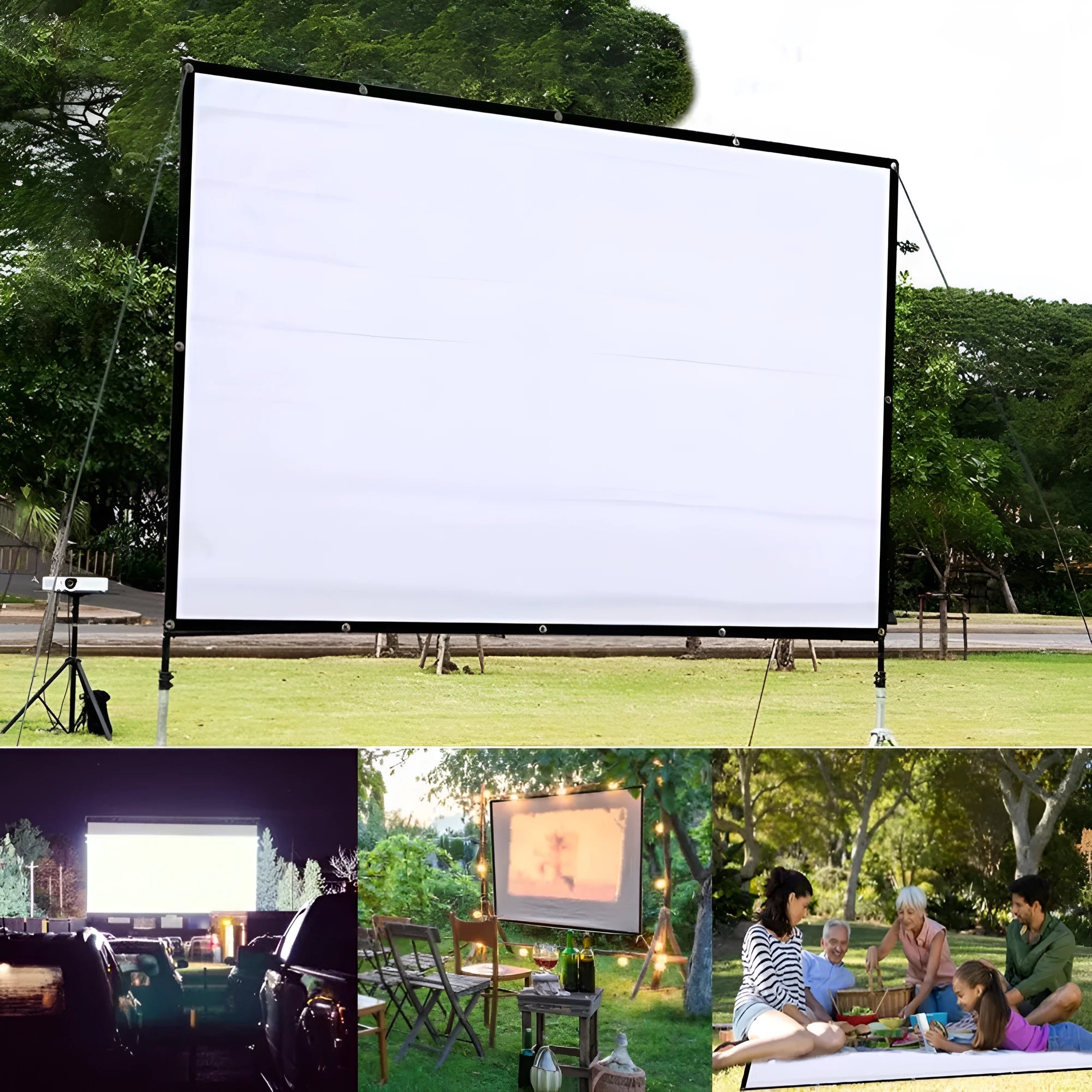 White 150-inch soft folding projection screen laid out flat, showing its large 4:3 format surface.