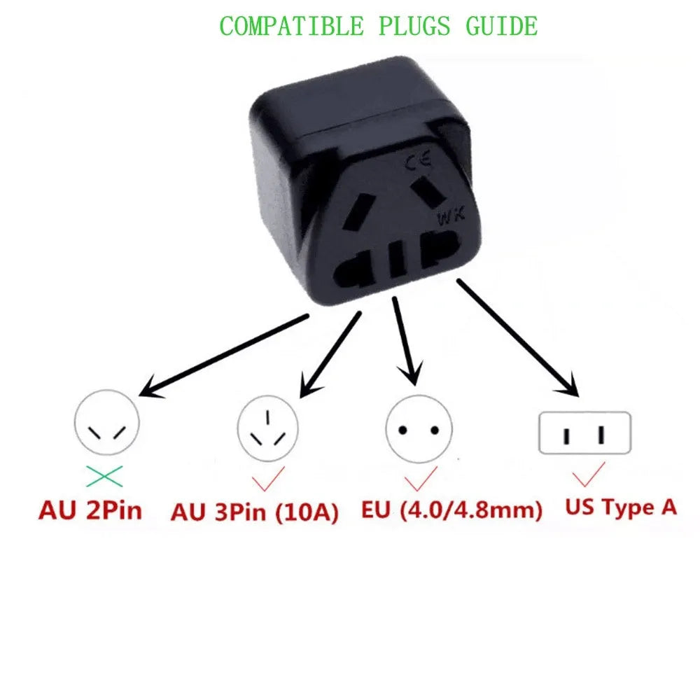 Square white or black international power adapter with three pins and grounding.