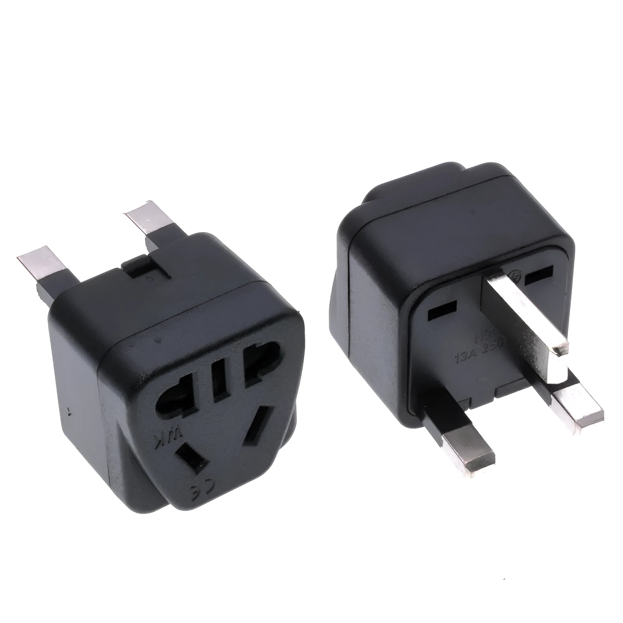 Square white or black international power adapter with three pins and grounding.