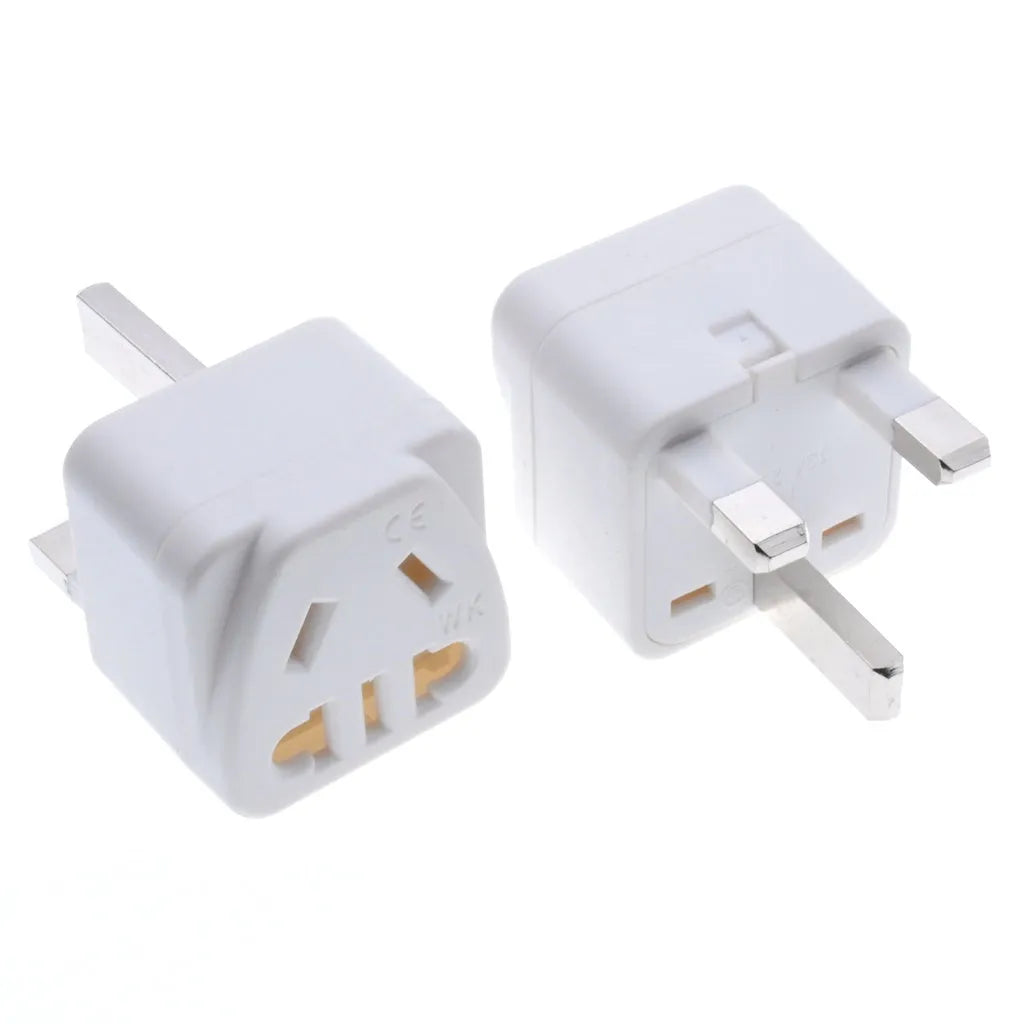 Square white or black international power adapter with three pins and grounding.