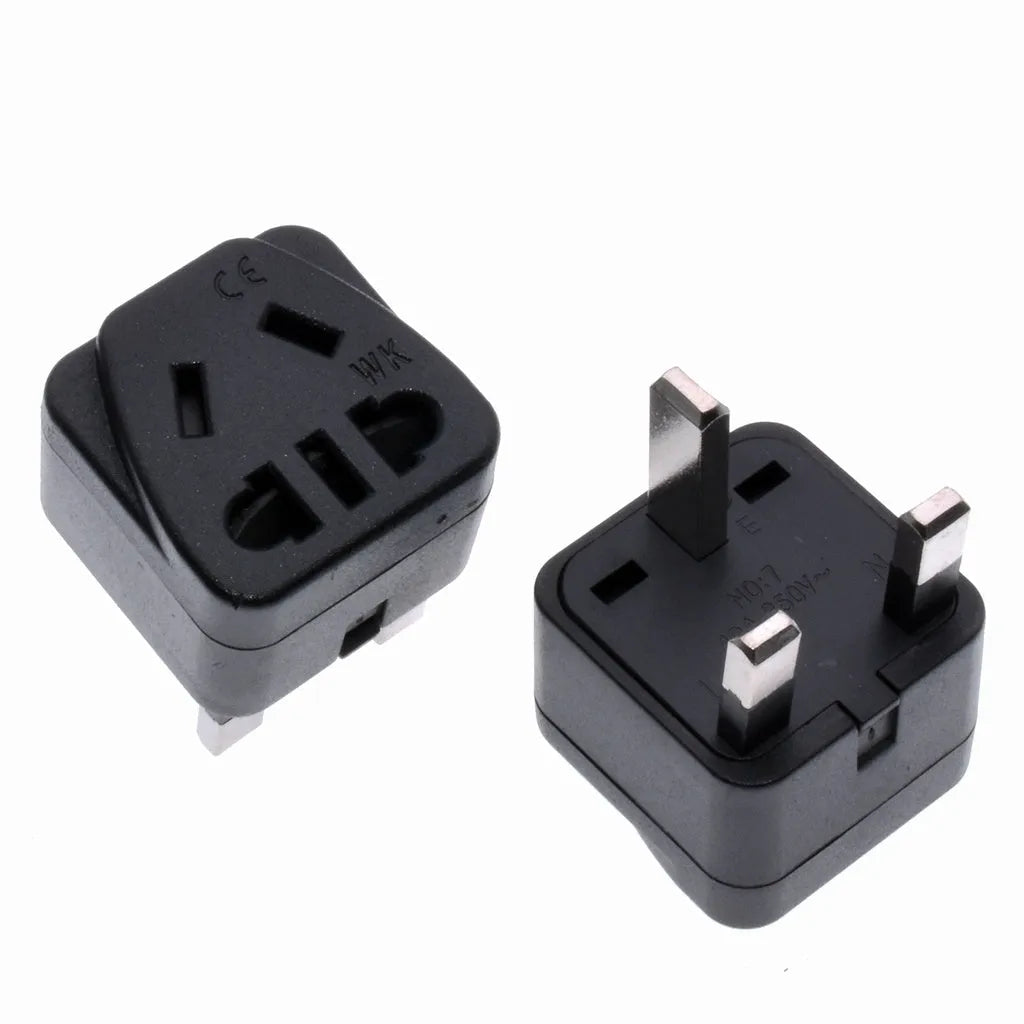 Square white or black international power adapter with three pins and grounding.