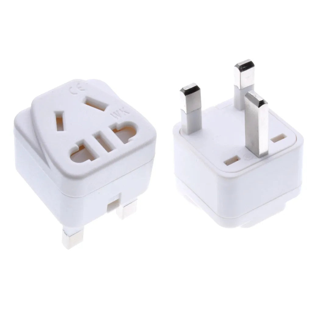 Square white or black international power adapter with three pins and grounding.