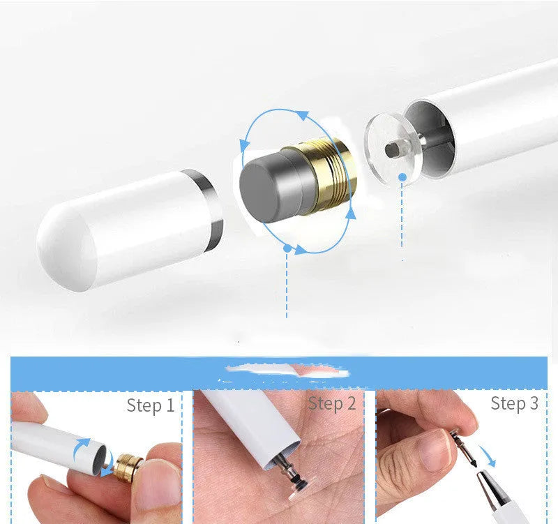 A black capacitive stylus with a transparent disc tip and magnetic cap, shown next to a tablet.