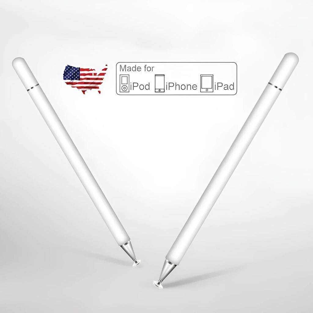 A black capacitive stylus with a transparent disc tip and magnetic cap, shown next to a tablet.