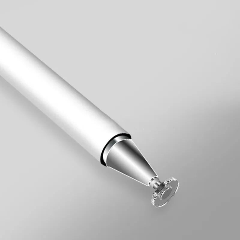 A black capacitive stylus with a transparent disc tip and magnetic cap, shown next to a tablet.