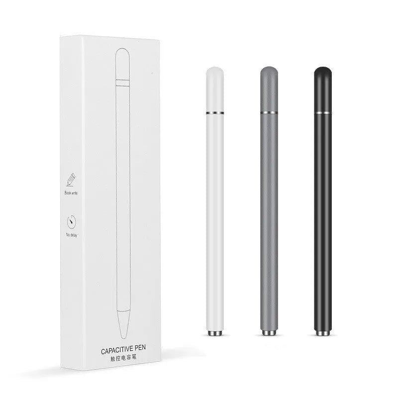 A black capacitive stylus with a transparent disc tip and magnetic cap, shown next to a tablet.