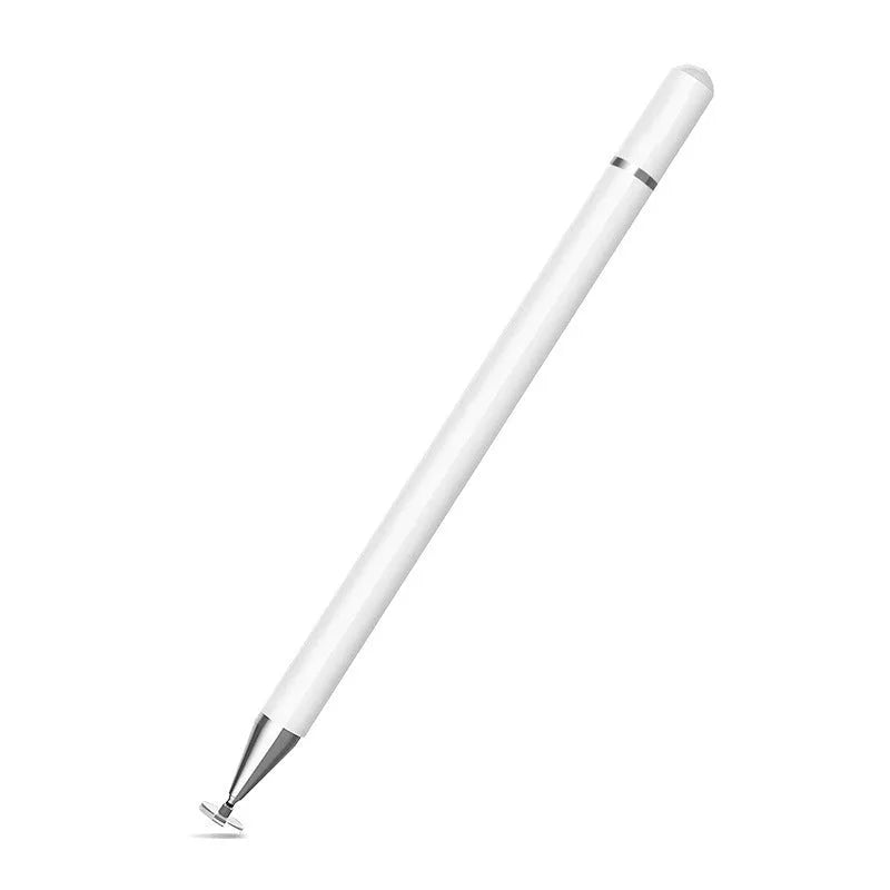 A black capacitive stylus with a transparent disc tip and magnetic cap, shown next to a tablet.