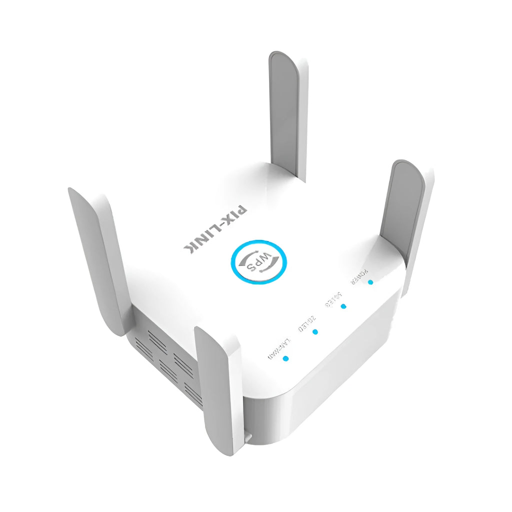 PIXLINK AC24 white dual-band wireless WiFi extender router with international power plugs.