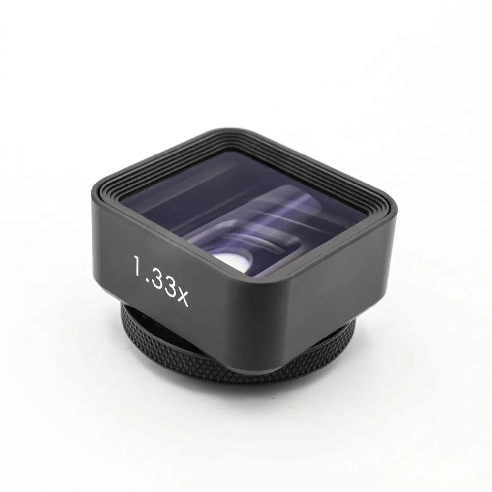 Black SANYK 1.33x anamorphic widescreen lens for mobile phones with 17mm thread mount.