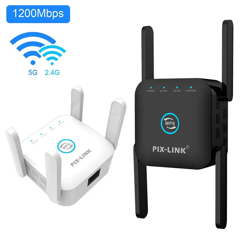 PIXLINK AC24 white dual-band wireless WiFi extender router with international power plugs.
