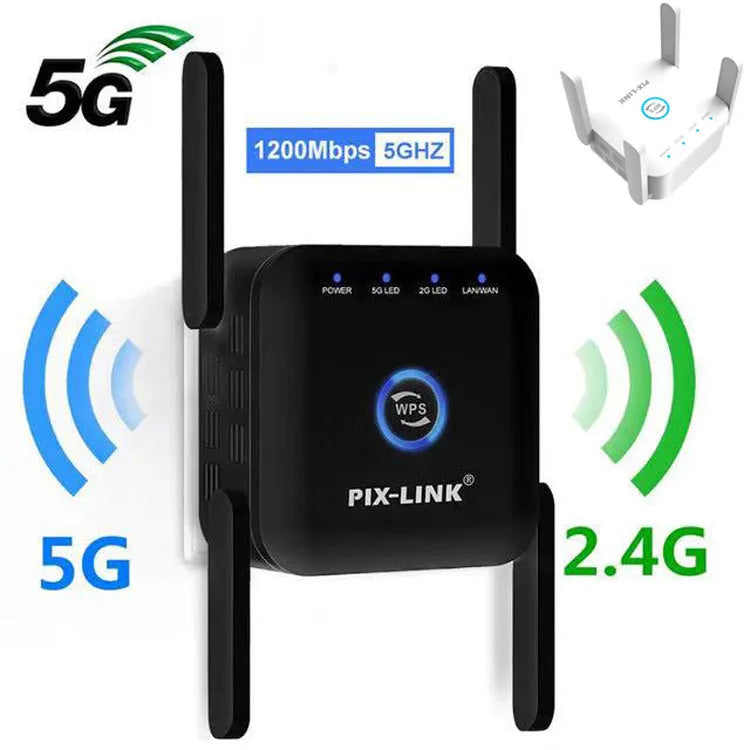 PIXLINK AC24 white dual-band wireless WiFi extender router with international power plugs.