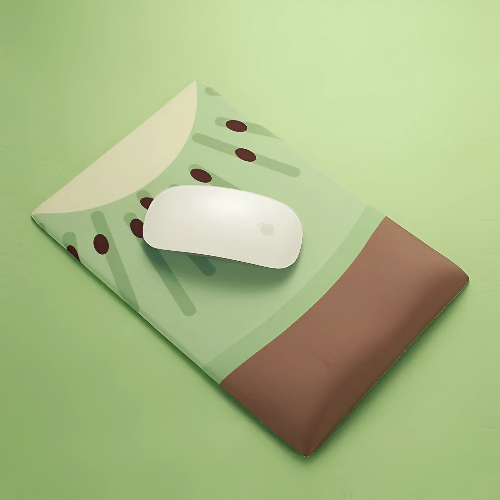 Kiwi-shaped mouse pad with green graphic on a thick, soft wrist support surface.