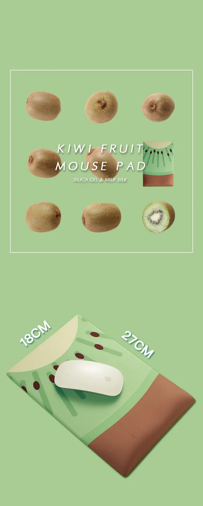 Kiwi-shaped mouse pad with green graphic on a thick, soft wrist support surface.