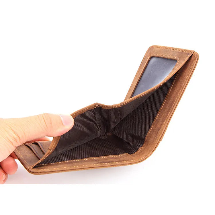 Brown European-style men's leather RFID bifold wallet showing card slots and cash pocket.