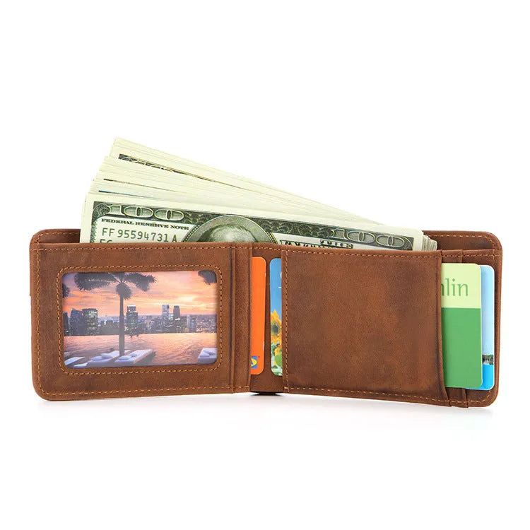 Brown European-style men's leather RFID bifold wallet showing card slots and cash pocket.