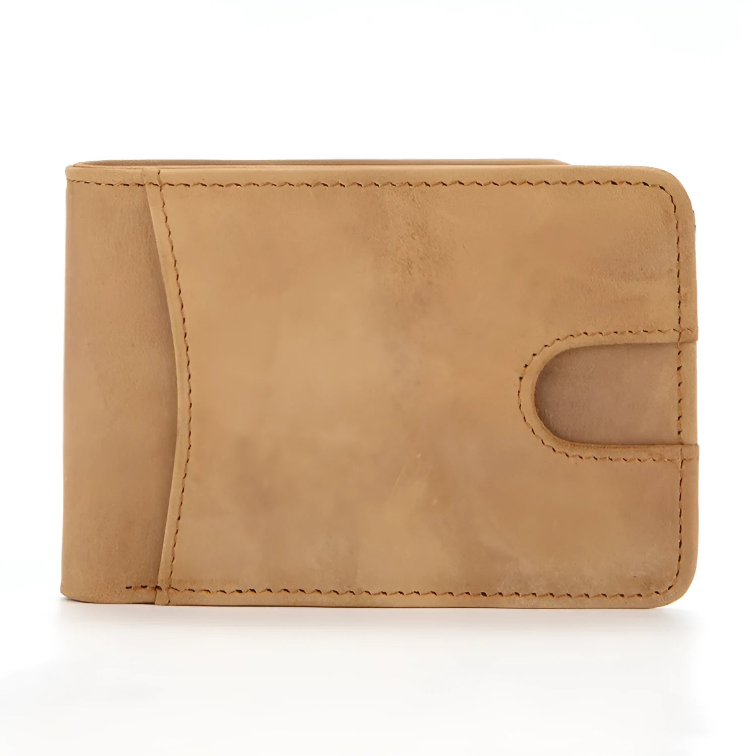 Brown European-style men's leather RFID bifold wallet showing card slots and cash pocket.