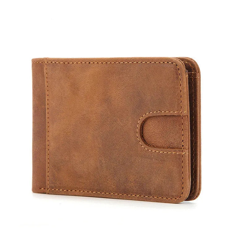Brown European-style men's leather RFID bifold wallet showing card slots and cash pocket.