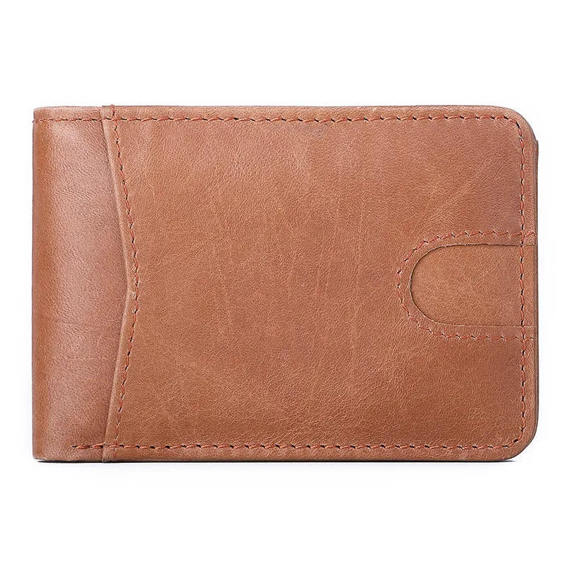 Brown European-style men's leather RFID bifold wallet showing card slots and cash pocket.
