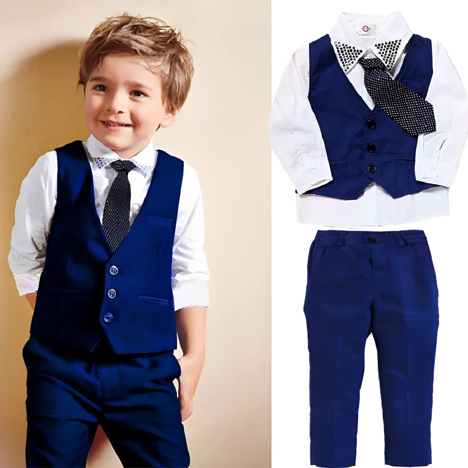 Blue boys formal suit set with waistcoat and tie on hanger