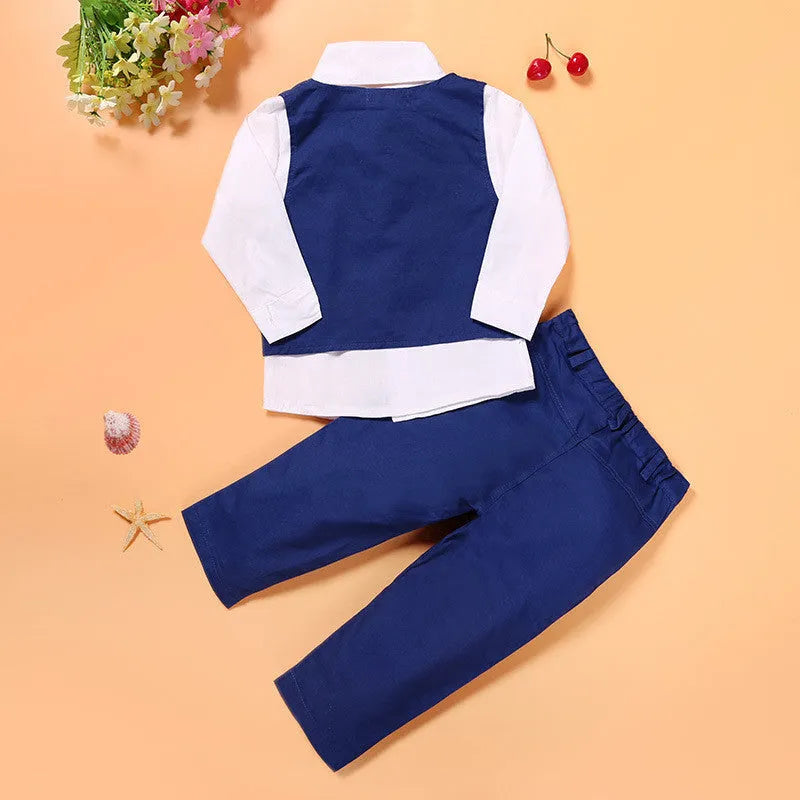 Blue boys formal suit set with waistcoat and tie on hanger